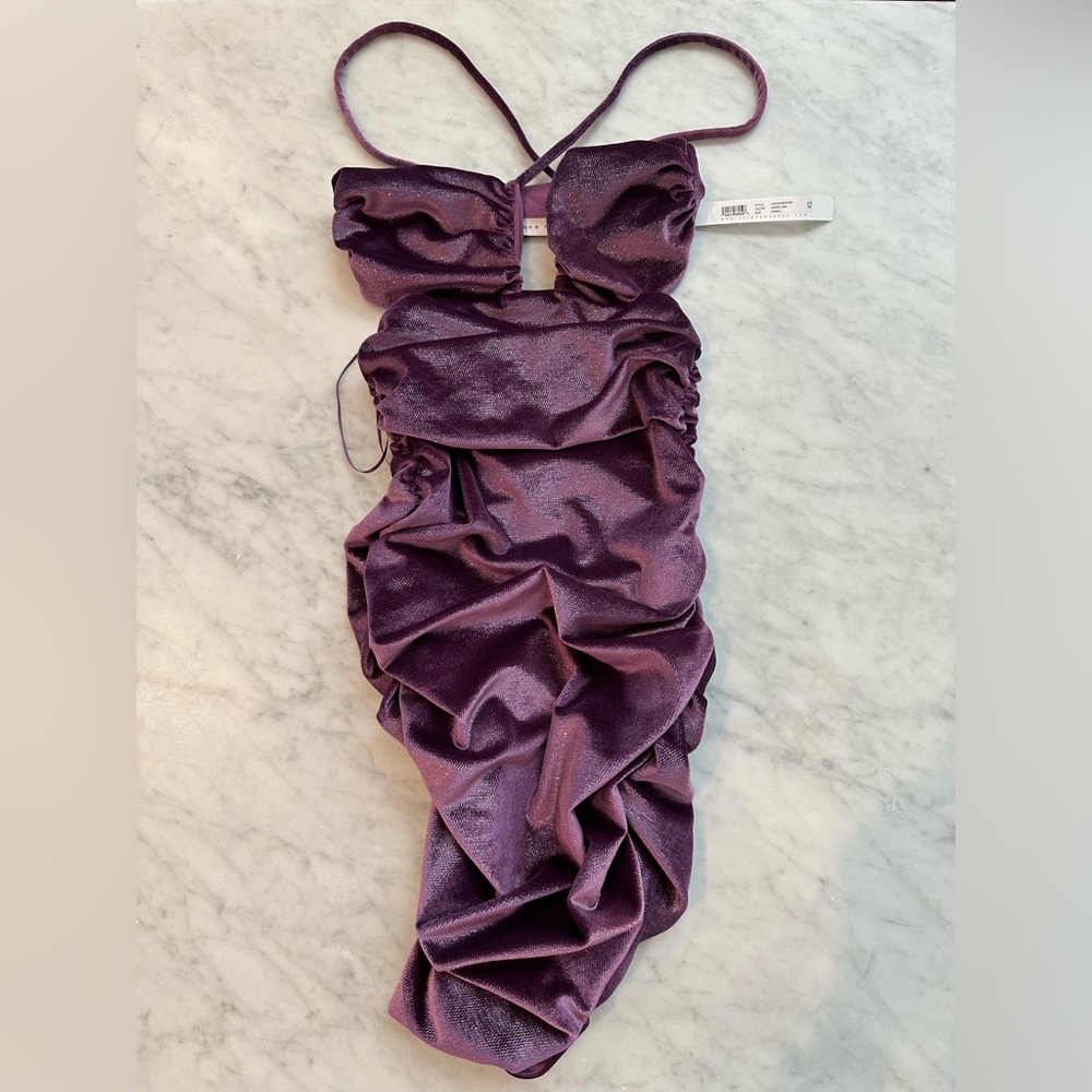 new w tags Susana Monaco Square Wire Cross back dress Shimmer Velvet Purple XS